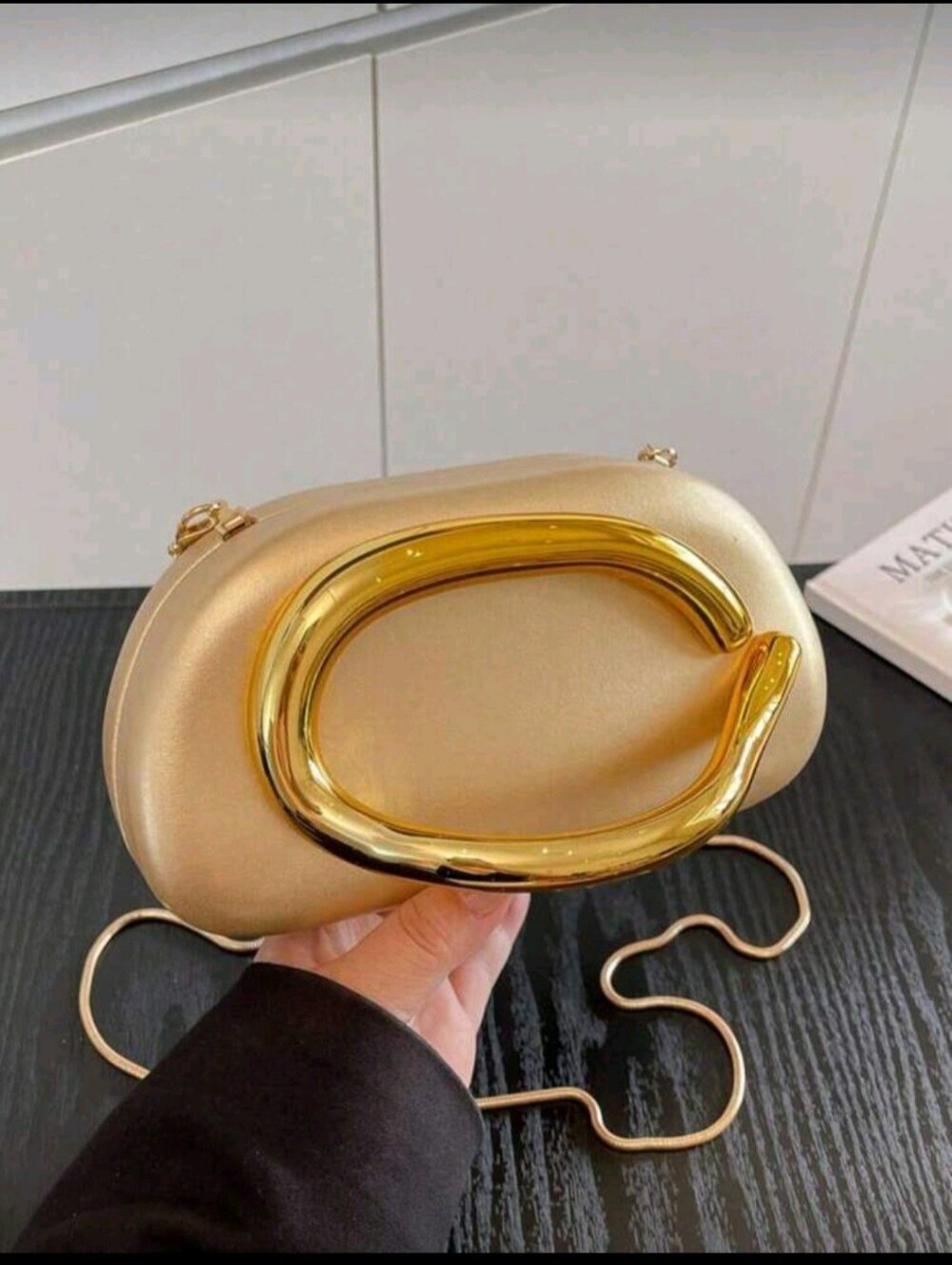 Gold Accent Cream Evening Clutch with Chain Strap